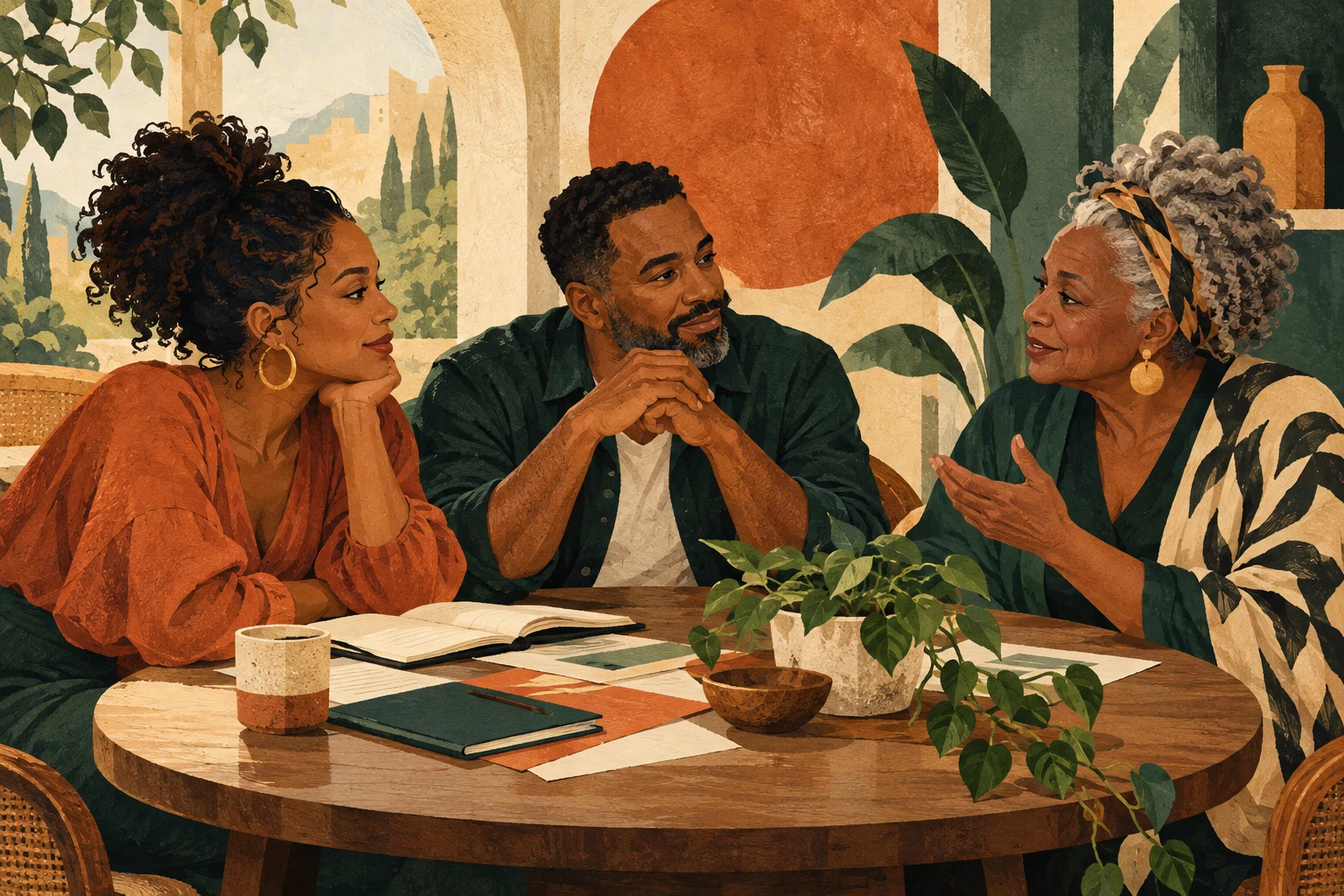 Editorial illustration of three generations in conversation around a table